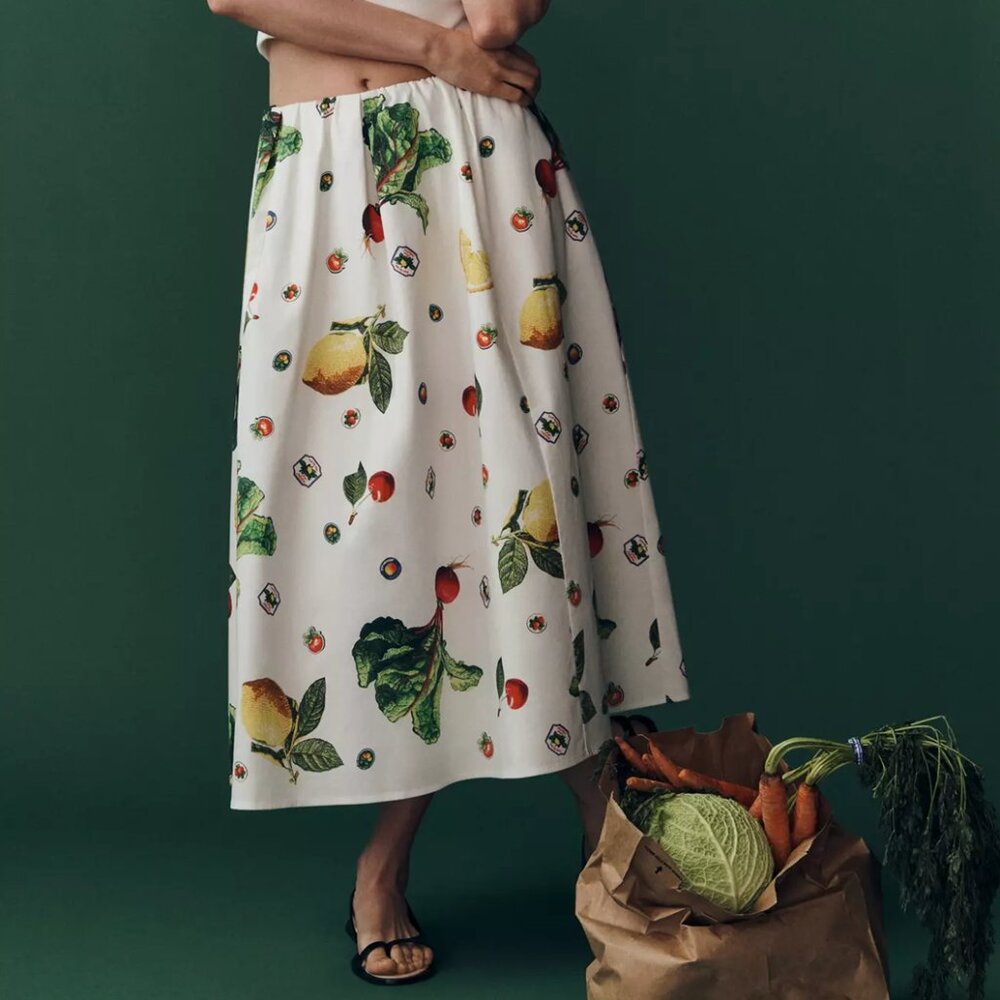 Anthropologie Maeve The Jacie Poplin Printed Midi Skirt Red Motif Fruit Veg XS